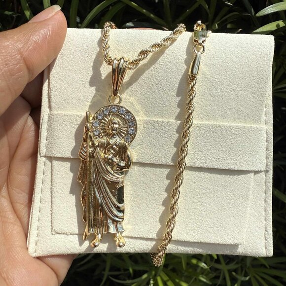 San Judas Tadeo Pendant Necklace 14K GP Religious Rope Torch Chain - Picture 2 of 4